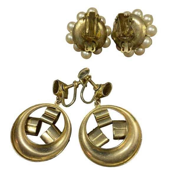 2 Pair Vintage Brutalist Clip on Earrings - one Silver tone dangle, one Silver t - Picture 2 of 5